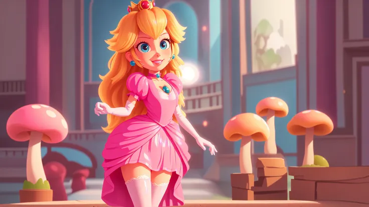 highres,bright,beautiful light,masterpiece,perfect lighting,bloom,cinematic lighting,cowboy shot,adult,choker,blue eyes,sensual,mushrooms,mushroom kingdom,(day:1.3),looking at viewer,(PrincessPeach),female,skinny,<lora:mpeachv6:0.8>,smile,pursed lips,((glossy lips)),narrow waist,perfect skin,detailed eyes,pink lips,shiny,oily skin,glossy skin,shiny clothes,standing,(high heels),(cleavage),thighhighs,