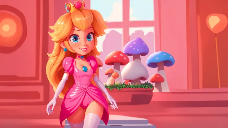 highres,bright,beautiful light,masterpiece,perfect lighting,bloom,cinematic lighting,cowboy shot,adult,choker,blue eyes,sensual,mushrooms,mushroom kingdom,(day:1.3),looking at viewer,(PrincessPeach),female,skinny,<lora:mpeachv6:0.8>,smile,pursed lips,((glossy lips)),narrow waist,perfect skin,detailed eyes,pink lips,shiny,oily skin,glossy skin,shiny clothes,standing,(high heels),(cleavage),thighhighs,