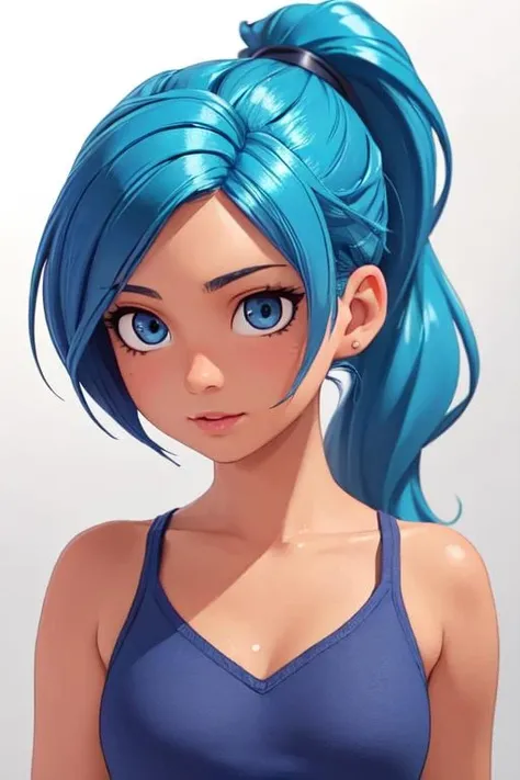 looking at the audience,ssmile,open posture,adolescent,height 1.6),focus on bust, blue colored eyes, naturallight, Underarms, Waist slender, perfect lips,hair blue,adolescent, Pedestrian street in the background,tight white cutting surface,narrow waisted,Gym clothes,Bust Big、front viewKeep your feet apart、