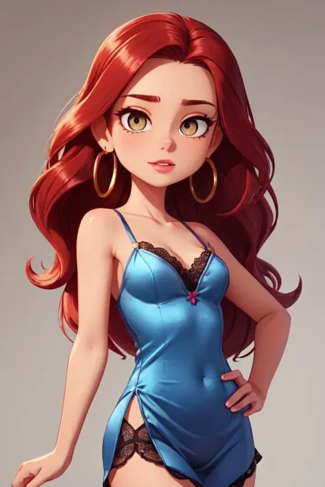 Belle, Tall, Athletic, Round Face, Olive Skin, Red Hair, Hazel Eyes, Long Nose, Thin Lips, Round Chin, Long Hair, Straight Hair, Smooth Waves, small breasts, Hoop earrings, rose metallic lipstick, Blue Satin and Lace Cami and Short Set, one hand on hip