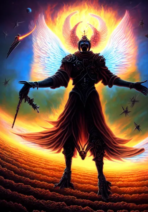 textless, best quality, War in Heaven (serphm:1.3) Archangel Holding Flaming Weapon, battling demons in another world, ggffff666666