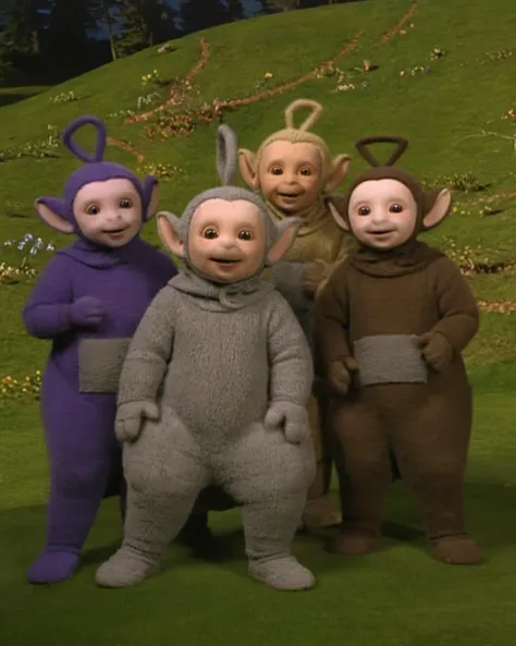 gandalf and fellowship of the rings,group,epic,masterpiece,best quality <lora:teletubbiesxl:1>,teletubbiesxl