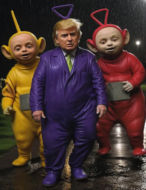 Dramatic photo of Donald Trump as teletubbiesxl in the rain at night, masterpiece, cinematic, <lora:teletubbiesxl:0.8>,