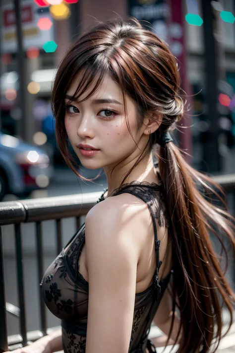 (realistic:1.3), finely detailed, quality, rembrandt lighting, (masterpiece:1.2), (photorealistic:1.2), (best quality), (detailed skin:1.3), (intricate details), dramatic, ray tracing, 1girl, japanese girl, 21 years old, detailed skin texture, (blush:0.5), (goosebumps:0.5), subsurface scattering, smiling, medium breasts, (low ponytail:1.1), very long hair, bangs, hair between eyes, casual top, portrait shot, from side, (bright sunny day), <lora:low_ponytail-1.0:0.8>