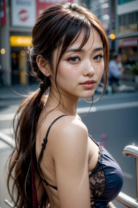(realistic:1.3), finely detailed, quality, rembrandt lighting, (masterpiece:1.2), (photorealistic:1.2), (best quality), (detailed skin:1.3), (intricate details), dramatic, ray tracing, 1girl, japanese girl, 21 years old, detailed skin texture, (blush:0.5), (goosebumps:0.5), subsurface scattering, smiling, medium breasts, (low ponytail:1.1), very long hair, bangs, hair between eyes, casual top, portrait shot, from side, (bright sunny day), <lora:low_ponytail-1.0:0.8>