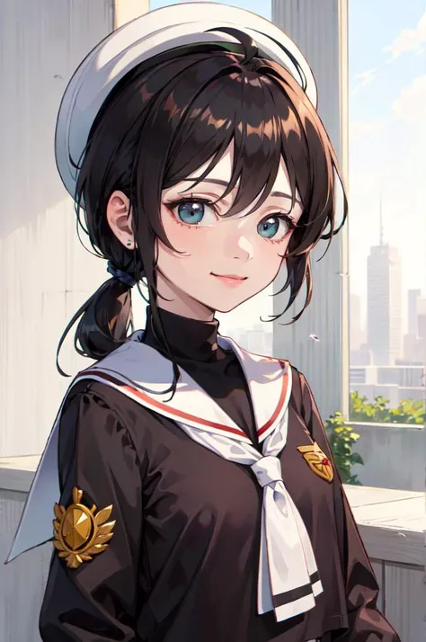 smile,
<lora:Kinomoto:1> kinomotoai, hat, white headwear, beret, skirt, white sailor collar, long sleeves, school uniform, pleated skirt, serafuku, sailor collar, black shirt, white skirt, white neckerchief, tomoeda elementary school uniform, cardcaptor sakura,, absurdres, ultra detailed, masterpiece, best quality, aesthetic, detailed,, katya1, solo, smile, 1girl, aqua eyes, black hair, <lora:low_ponytail-1.0:0.7> low ponytail, ahoge, absurdly long hair, very long hair, hair flaps, hair between eyes, bangs, crossed bangs, messy hair, small breasts, goggles on head, closed mouth,