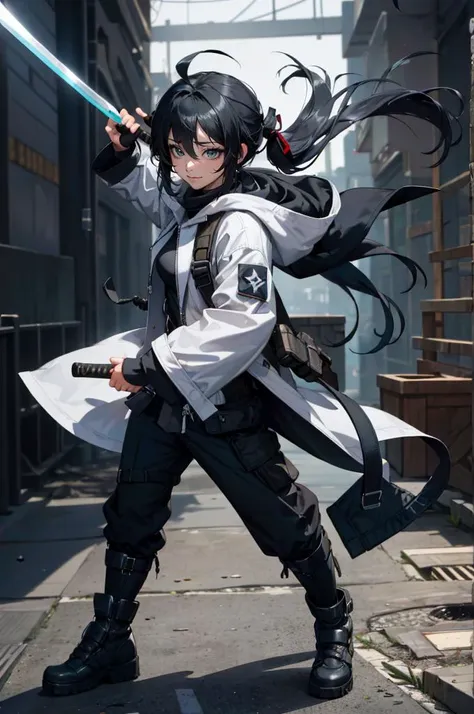 <lora:FAPoses2_2:1> female action poses, holding sword, dual wielding, goggles on head,, absurdres, ultra detailed, masterpiece, best quality, aesthetic, detailed,, katya1, solo, smile, 1girl, aqua eyes, black hair, <lora:low_ponytail-1.0:0.7> low ponytail, ahoge, absurdly long hair, very long hair, hair flaps, hair between eyes, bangs, crossed bangs, messy hair, small breasts, goggles on head, closed mouth,, hooded coat, open coat, turtleneck, pants, black knee boots, multiple straps, white coat, layered clothes, hair ribbon, pants under skirt,