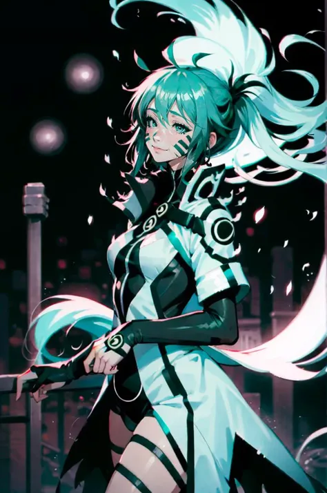 <lora:chakra_mode:1> facial mark, fire, glowing, magic, aura, energy, whisker markings, electricity, (teal theme:1.3),, absurdres, ultra detailed, masterpiece, best quality, aesthetic, detailed,, katya1, solo, smile, 1girl, aqua eyes, black hair, <lora:low_ponytail-1.0:0.7> low ponytail, ahoge, absurdly long hair, very long hair, hair flaps, hair between eyes, bangs, crossed bangs, messy hair, small breasts, goggles on head, closed mouth,