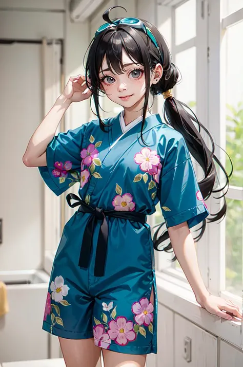 <lora:jinbei v1.0:0.5> jyojifuku, floral print, short sleeves,, absurdres, ultra detailed, masterpiece, best quality, aesthetic, detailed,, katya1, solo, smile, 1girl, aqua eyes, black hair, <lora:low_ponytail-1.0:0.7> low ponytail, ahoge, absurdly long hair, very long hair, hair flaps, hair between eyes, bangs, crossed bangs, messy hair, small breasts, goggles on head, closed mouth,