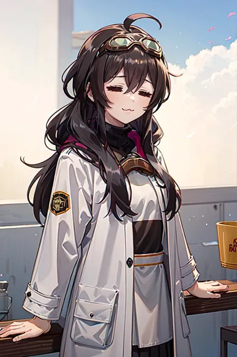 <lora:ElfExpression:1> =w=, :3, = =, closed eyes, cowboy shot, (goggles on head:1.3),, absurdres, ultra detailed, masterpiece, best quality, aesthetic, detailed,, katya1, solo, smile, 1girl, black hair, <lora:low_ponytail-1.0:0.7> low ponytail, ahoge, absurdly long hair, very long hair, hair flaps, hair between eyes, bangs, crossed bangs, messy hair, small breasts, goggles on head, closed mouth,, hooded coat, open coat, turtleneck, pants, black knee boots, multiple straps, white coat, layered clothes, hair ribbon, pants under skirt,