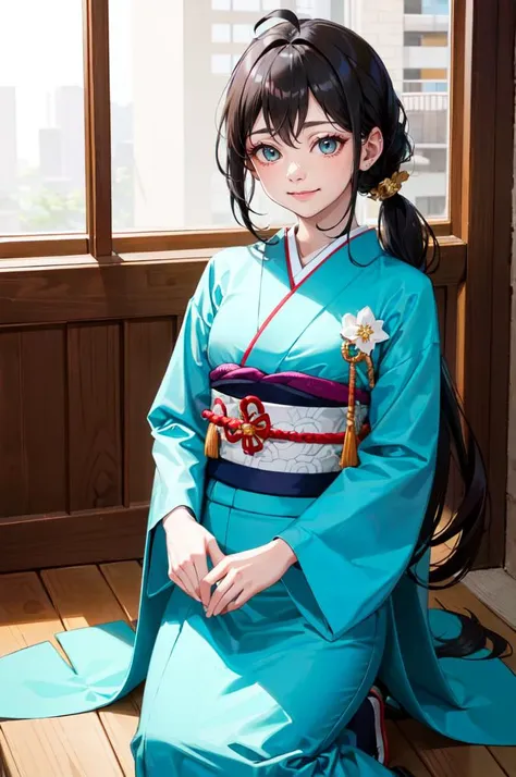 <lora:furisode v1.0:0.5> jyojifuku, furisode, kimono, hair ornament, long sleeves,, absurdres, ultra detailed, masterpiece, best quality, aesthetic, detailed,, katya1, solo, smile, 1girl, aqua eyes, black hair, <lora:low_ponytail-1.0:0.7> low ponytail, ahoge, absurdly long hair, very long hair, hair flaps, hair between eyes, bangs, crossed bangs, messy hair, small breasts, goggles on head, closed mouth,