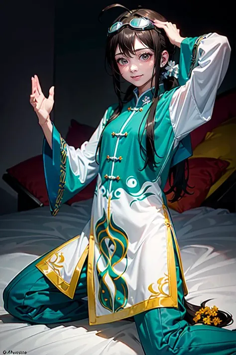 <lora:kung fu v1.0:0.6> jyojifuku, kung fu pants, goggles on head,, absurdres, ultra detailed, masterpiece, best quality, aesthetic, detailed,, katya1, solo, smile, 1girl, aqua eyes, black hair, <lora:low_ponytail-1.0:0.7> low ponytail, ahoge, absurdly long hair, very long hair, hair flaps, hair between eyes, bangs, crossed bangs, messy hair, small breasts, goggles on head, closed mouth,
