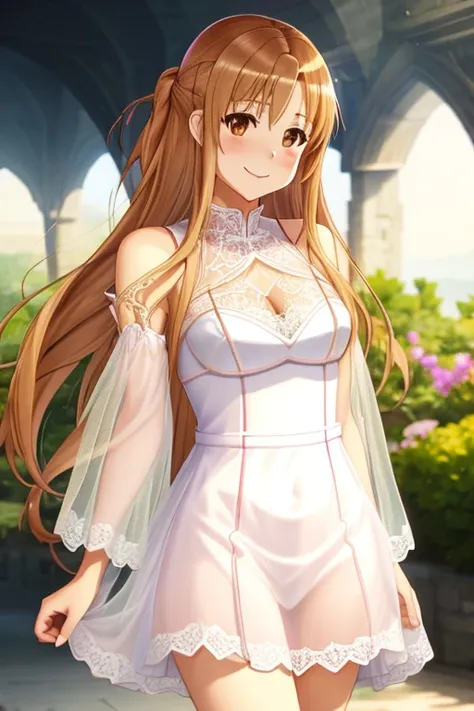 (transparent_lace-trimmed dressi:1.2),(cleavage),<lora:Asuna-10:0.8>,Asuna,light smile,sexy,best quality,