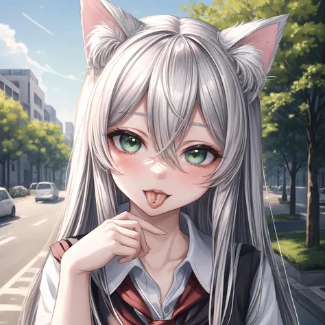1girl, solo, masterpiece, ultra detailed, <lora:more_details:0.7>, head focus, cat girl, scenery, blush, (tongue piercing:1.1), tongue out <lora:Saya-tongue piercing:1>, white hair, hair between eyes, green eyes, long hair, school uniform, outdoors