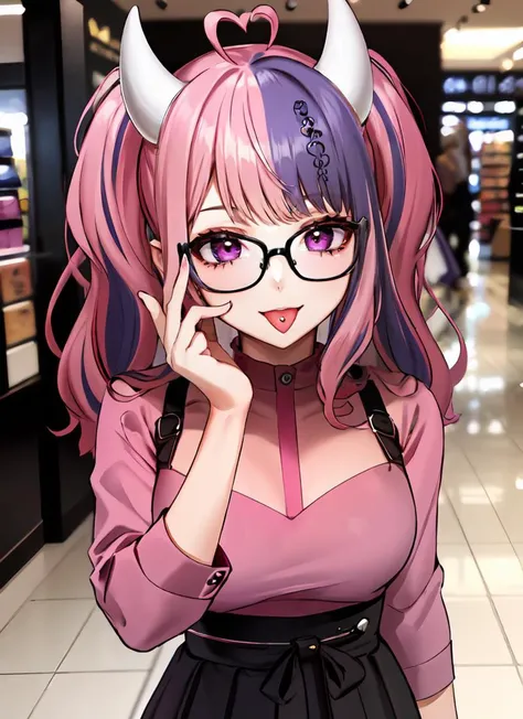 ((best quality)), ((highly detailed)), detailed face, beautiful face, , (1girl), (glasses), close-up, full body, <lora:Saya-tongue piercing:1>, tongue piercing, tongue out, <lora:Ironmouse-Citron:.9>, ironmouse, pink hair, purple hair, streaked hair, purple eyes, white horns, smiling, (ironmouse (1st costume):1.3), pink shirt, black skirt, (indoors, at a shopping mall)