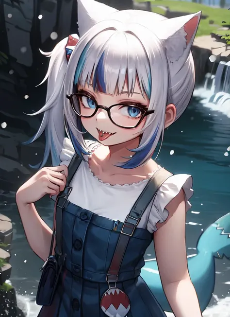 ((best quality)), ((highly detailed)), masterpiece, extremely detailed face, beautiful face, , <lora:more_details:.2>, (1girl), (glasses), from above, bird's-eye view, upper body, <lora:Saya-tongue piercing:1>, tongue piercing, tongue out, <lora:gura:1>, sharp teeth, shark tail, small breasts, smiling, gura_neko, blue dress, cat ears, side ponytail, shoulder bag, (outside, at a waterfall, twilight, shooting star, snowing)