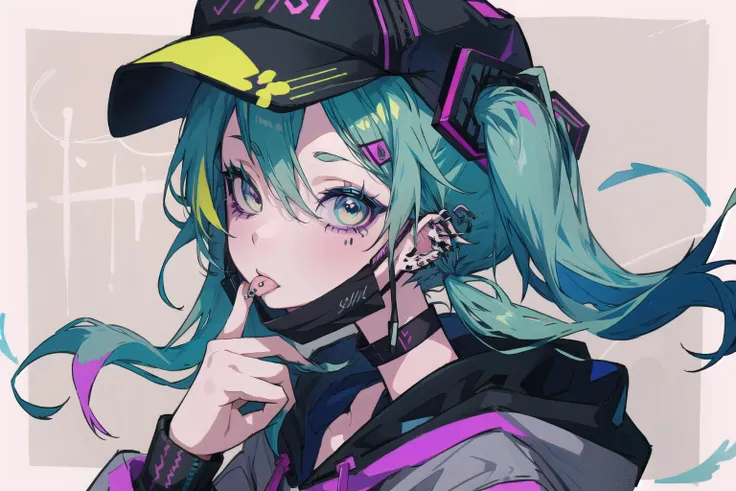 (hatsune_miku:1.2),   <lora:Saya-tongue piercing:1> (tongue piercing:1.2), tongue ,(tongue out:1.2), <lora:MaskPullV1:1>, black mask_pull,   <lora:Graffiti:.5>, Graffiti, ear piercing ,  makeup, tattoo, graffiti wall ,choker shot, choker,close up, <lora:LAM_style:.5> ,lam_style, colorful_hair, facial_mark, neon_palette, halftone, jacket, hoodie,rings,spike <lora:ligneClaireAnimeStyle_v1:.8> ligne claire, cap