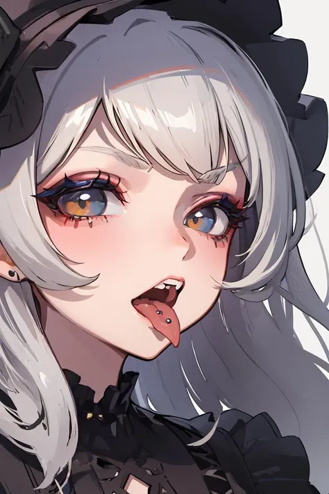 1girl,tongue piercing,close-up,mouth focus,teeth,makeup,open mouth,tongue out, fang, gothic ta<lora:Saya-tongue piercing:1>