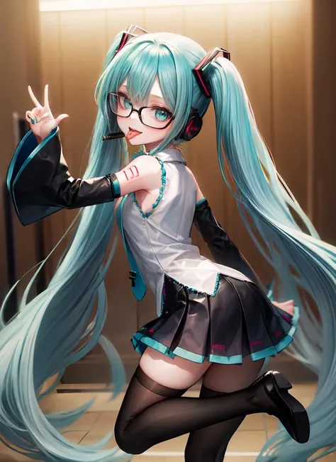 ((best quality)), ((highly detailed)), masterpiece, extremely detailed face, beautiful face, , (1girl), (glasses), from behind, looking back, dynamic pose, full body, wide shot, <lora:Saya-tongue piercing:1>, tongue piercing, tongue out, <lora:hairdetailer:1>, Hatsune Miku, aqua hair, ((very long hair)), twintails, hair ornament, aqua eyes, blue nail polish, smiling, headphones, white shirt, collared shirt, sleeveless shirt, bare shoulders, detached sleeves, (black sleeves), wide sleeves, aqua necktie, miniskirt, thighhighs, zettai ryouiki, (inside, in a court room)