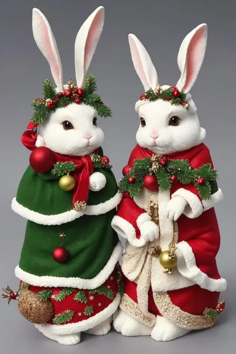 masterpiece,best quality,Xmasdeco, two rabbit in christmas costumes,