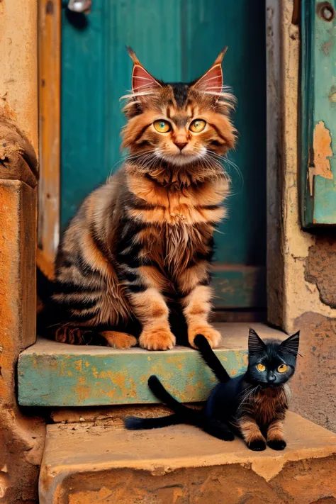 masterpiece,best quality,<lora:tbh173-:0.9>,illustration,style of Steve McCurry, cute Mainecoon cat and Abyssinian cat