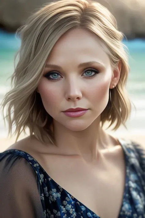 (sharp focus:1.2), photo, kristenbell woman (beautiful face:1.1), detailed eyes, luscious lips, (cat eye makeup:0.85), wearing (romper:1.2) on a (beach:1.2). (moody lighting:1.2), depth of field, bokeh, 4K, HDR. by (James C. Christensen:1.2|Jeremy Lipking:1.1). <lora:KristenBell:0.7>