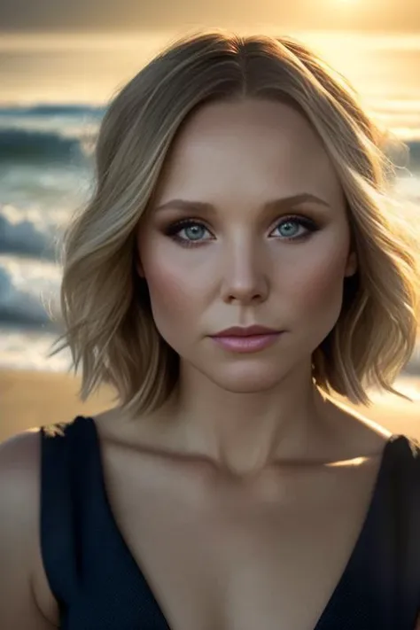 (sharp focus:1.2), photo, kristenbell woman (beautiful face:1.1), detailed eyes, luscious lips, (cat eye makeup:0.85), wearing (romper:1.2) on a (beach:1.2). (moody lighting:1.2), depth of field, bokeh, 4K, HDR. by (James C. Christensen:1.2|Jeremy Lipking:1.1). <lora:KristenBell:0.7>