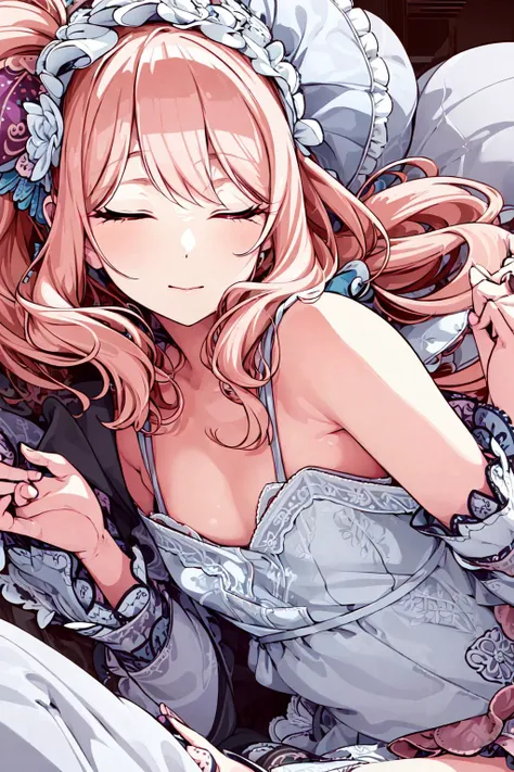 ((masterpiece)), (((best quality))), ((ultra-detailed)), beautiful detailed eyes, illustration, <lora:Mizuki_Akiyama_ver4-15:0.7>, Mizuki, (side_ponytail+one_side_up+hair_band), faint_light_pink_hair, faint_light_pink_eyes, white_colored_negligee, closed_eyes, on the bed, whole body,