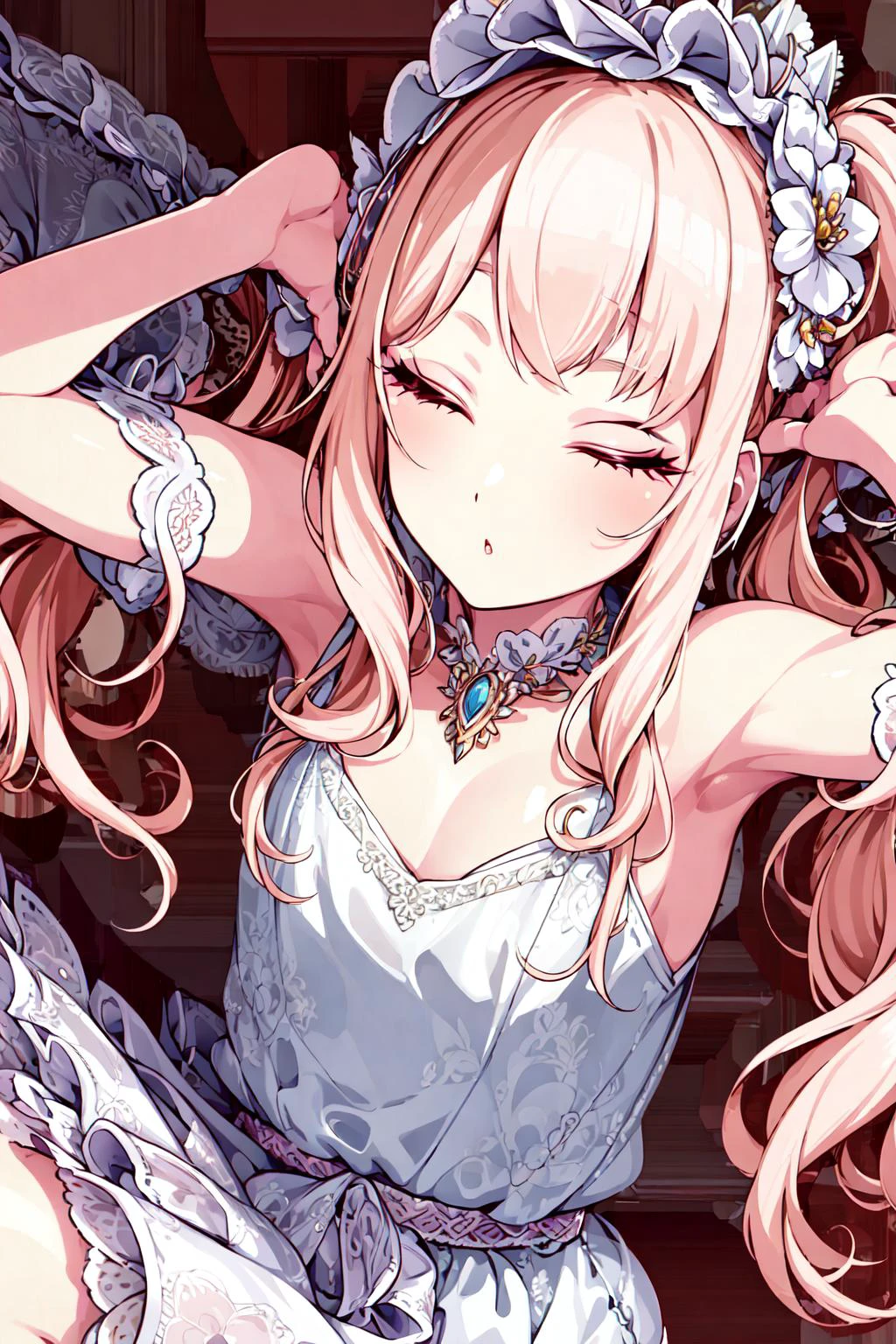 ((masterpiece)), (((best quality))), ((ultra-detailed)), beautiful detailed eyes, illustration, <lora:Mizuki_Akiyama_ver4-15:0.7>, Mizuki, (side_ponytail+one_side_up+hair_band), faint_light_pink_hair, faint_light_pink_eyes, white_colored_negligee, closed_eyes,