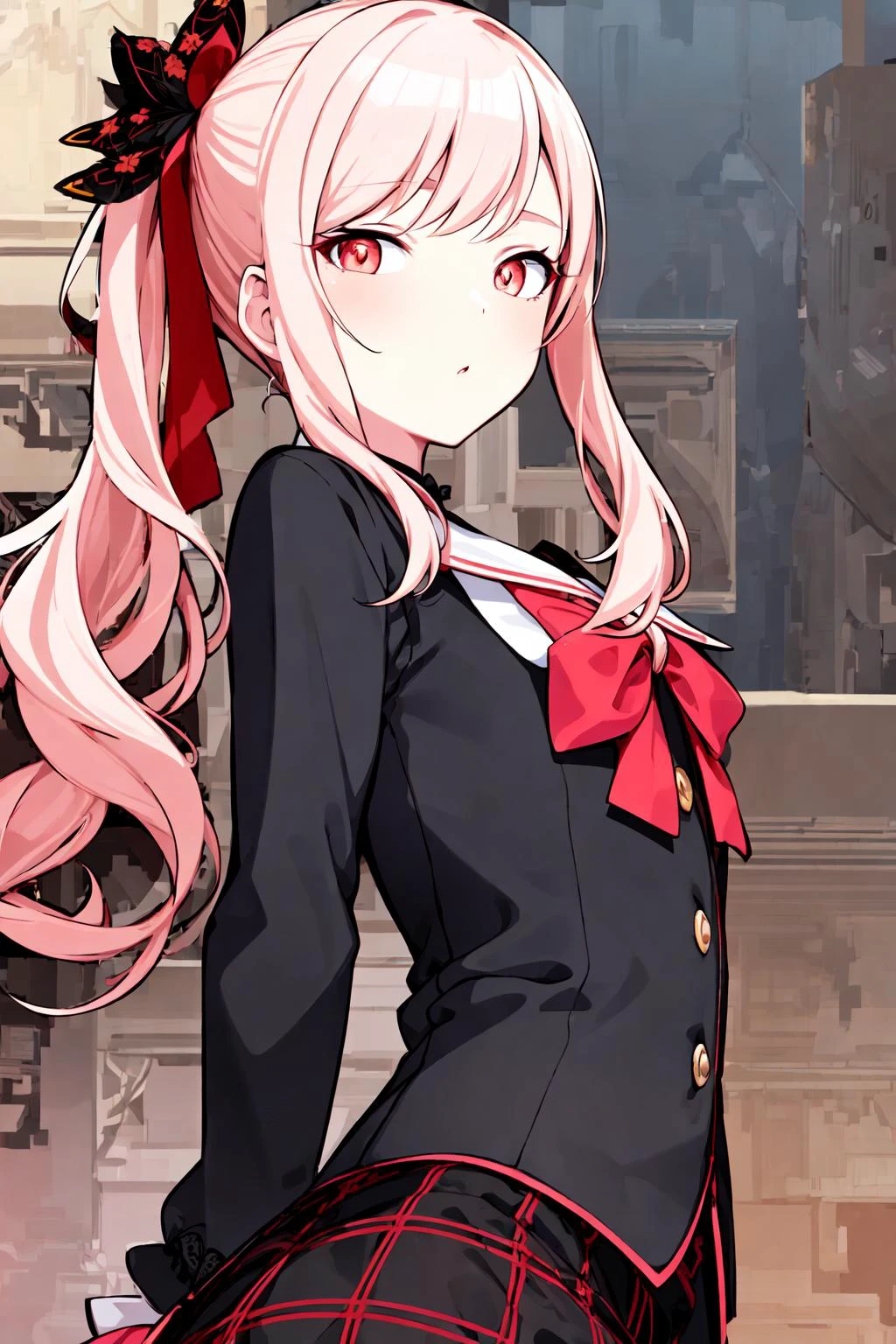 ((masterpiece)), (((best quality))), ((ultra-detailed)), beautiful detailed eyes, illustration, <lora:Mizuki_Akiyama_ver4-15:0.5>, (side ponytail+one side up+red ribbon), faint light pink hair, faint light pink eyes, black colored school uniform , Outdoor_maze_made_of_blooming_sunflowers,, (whole body),