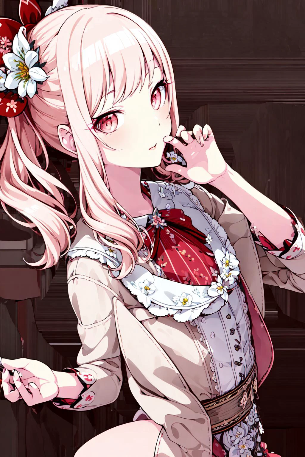 ((masterpiece)), (((best quality))), ((ultra-detailed)), beautiful detailed eyes, illustration, <lora:Mizuki_Akiyama_ver4-15:0.7>, Mizuki, (side_ponytail+one_side_up+flower_ribbon), faint_light_pink_hair, faint_light_pink_eyes, red_clored_clothes, happy, ily