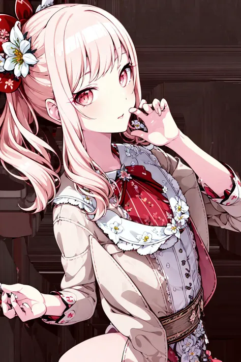 ((masterpiece)), (((best quality))), ((ultra-detailed)), beautiful detailed eyes, illustration,  <lora:Mizuki_Akiyama_ver4-15:0.7>, Mizuki, (side_ponytail+one_side_up+flower_ribbon), faint_light_pink_hair, faint_light_pink_eyes, red_clored_clothes, happy, ily