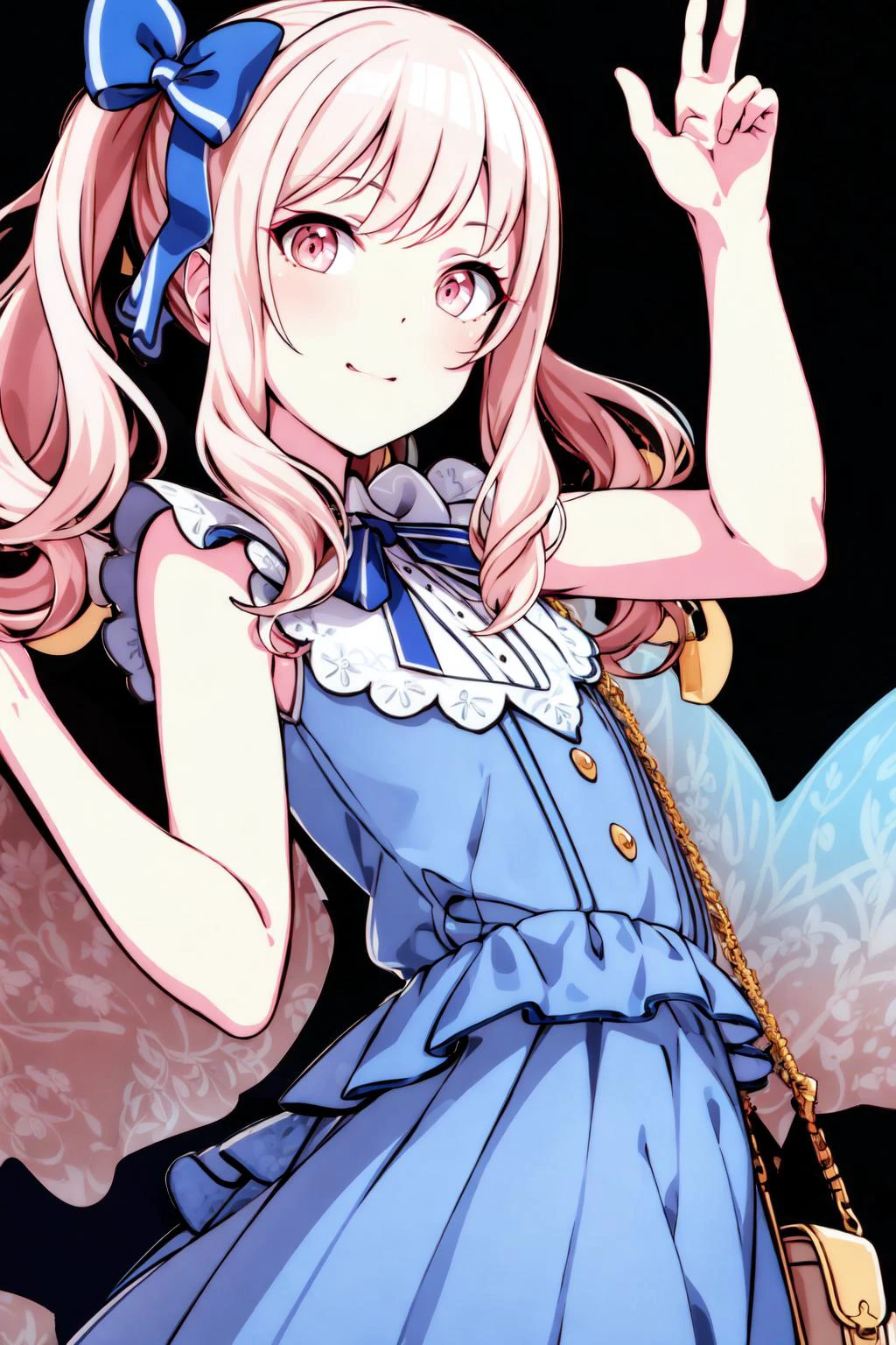 ((masterpiece)), (((best quality))), ((ultra-detailed)), beautiful detailed eyes, illustration,  <lora:Mizuki_Akiyama_ver4-15:0.7>, Mizuki, (side_ponytail+one_side_up+blue_ribbon), faint_light_pink_hair, faint_light_pink_eyes, point_at_sth_with_one's_hand, blue_colored__dress, fasten_one's_bag,  (whole body)],