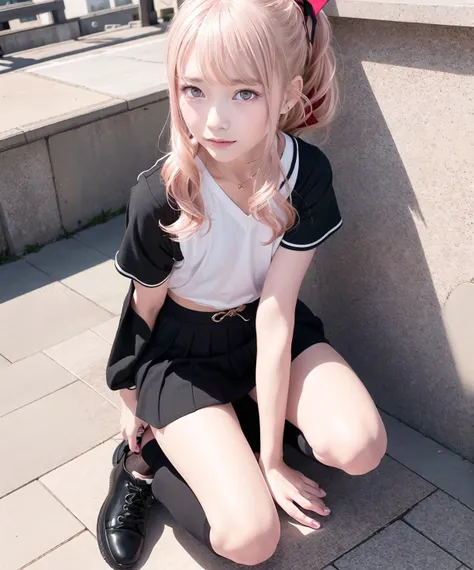 1 girl,((disheveled hair)),(side ponytail+one side up+red ribbon),beautiful detailed eyes, hairs between eyes, (small head), (small eyes),masterpiece, best quality,RAW photo,4k,8k,realism,photo(best quality, masterpiece:1.2),1BOY,(aegyo sal:1), ((puffy eyes)) ,side drill , (hair on the temple),(faint light pink hair),( faint light pink eyes),faint light pink hair, faint light pink eyes,virtualgirl-ren,thigh highs,flat chest,((FLAT-CHESTED,MALE CHEST)) ,(full body),(looking to the side),from side, cinematic angle,cityscape, professional lighting, photon mapping, radiosity, physically-based rendering,dappled sunlight,golden hour lighting, light smile, full-face-blush, gloom \(expression\), annoyed,smile,black school uniform,(black seifuku), black skirt,(leg lift), perfect lighting, , black footwear,bangs,
