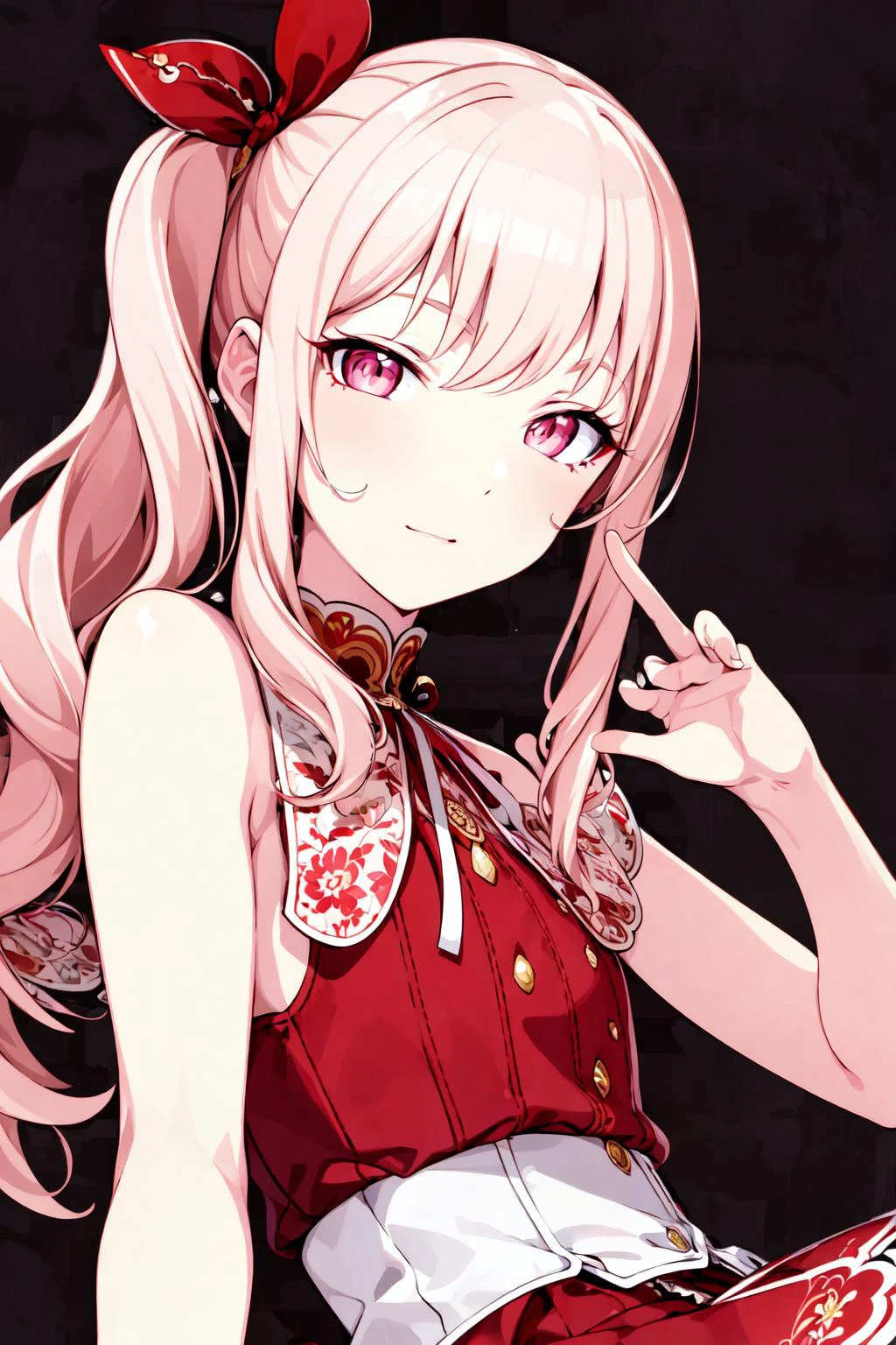 ((masterpiece)), (((best quality))), ((ultra-detailed)), beautiful detailed eyes, illustration, <lora:Mizuki_Akiyama_ver4-15:0.5>, (side ponytail+one side up+red ribbon), faint light pink hair, faint light pink eyes