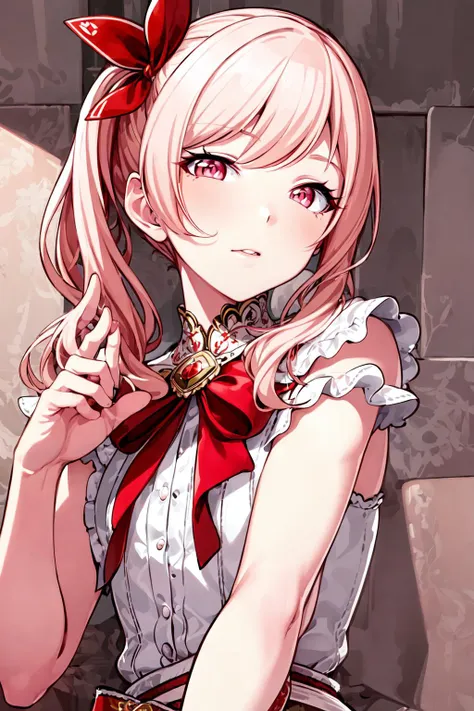 ((masterpiece)), (((best quality))), ((ultra-detailed)), beautiful detailed eyes, illustration,  <lora:Mizuki_Akiyama_ver4-15:0.5>, (side ponytail+one side up+red ribbon), faint light pink hair, faint light pink eyes