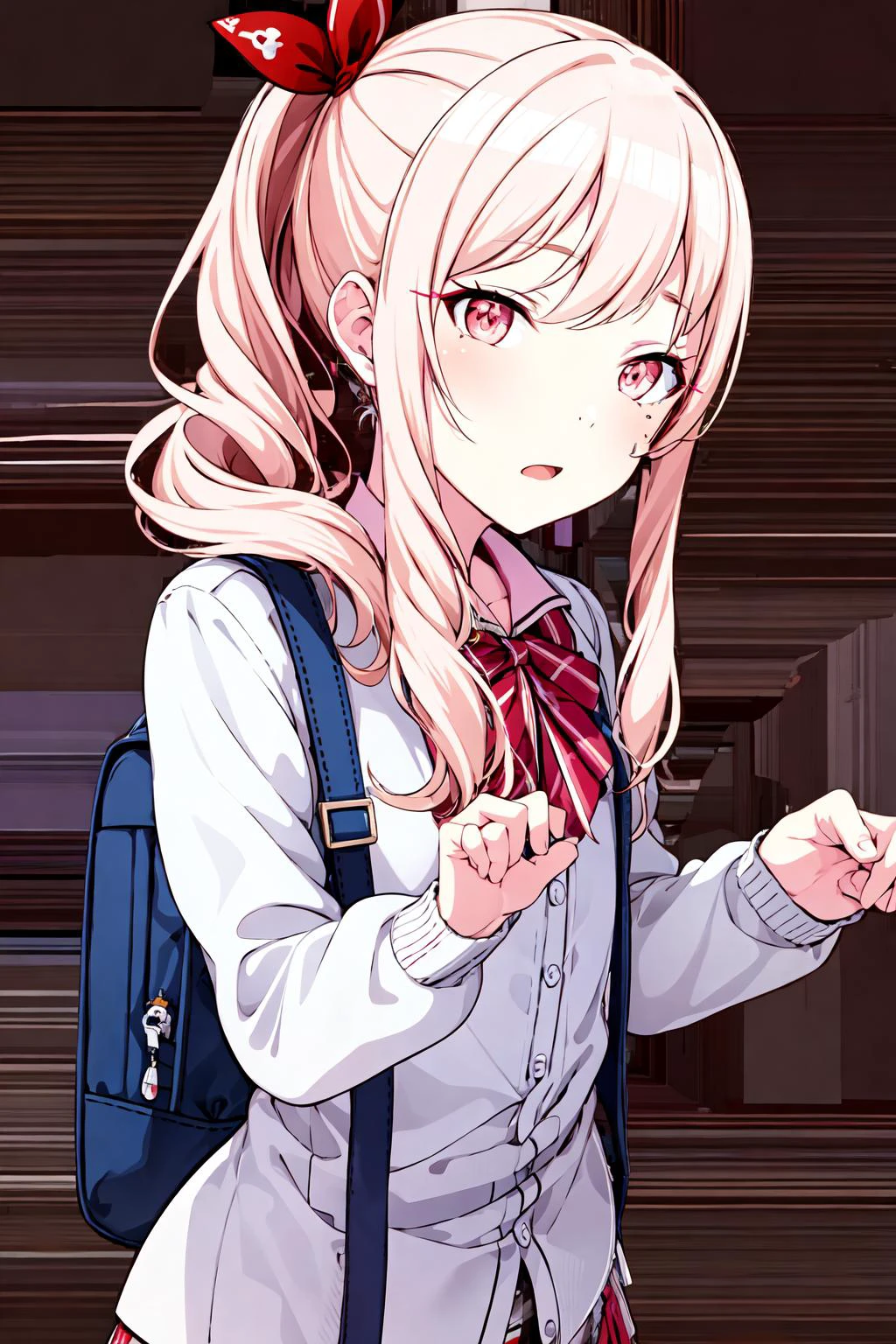 ((masterpiece)), (((best quality))), ((ultra-detailed)), beautiful detailed eyes, illustration, <lora:Mizuki_Akiyama_ver4-15:0.7>, Mizuki, (side_ponytail+one_side_up+red_ribbon), faint_light_pink_hair, faint_light_pink_eyes, white_colored_school_uniform, laugh_at, put_one's_hand_near_one's_mouth, have_one's_purple_colored_bag_fastened, at the school,