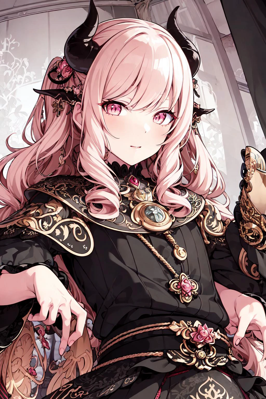 ((masterpiece)), (((best quality))), ((ultra-detailed)), beautiful detailed eyes, illustration, <lora:Mizuki_Akiyama_ver4-15:0.5>, Mizuki, Mizuki, long_curly_hair, black_colored_devil's_horn, faint_light_pink_hair, faint_light_pink_eyes, black_colored_hermit's dress, art_nouveau