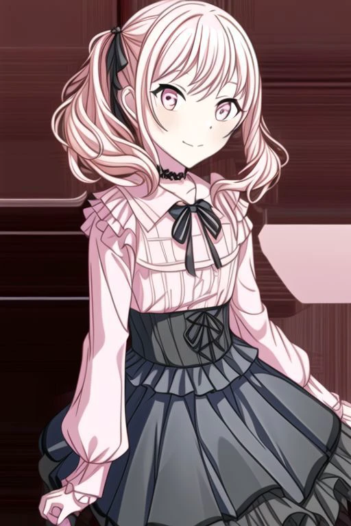 masterpiece, best quality, highres, sesekai, bow, hair ribbon, choker, black choker, bare shoulders, pink shirt, frilled shirt, long sleeves, frills, jirai kei, striped, skirt, black skirt, black pantyhose, cowboy shot, smile, outdoors, looking at viewer, closed mouth, blush<lora:ShinonomeEna-08:0.9>, 2girls, (side_ponytail+one_side_up+red_ribbon). faint_light_pink_hair, faint_light_pink_eyes,