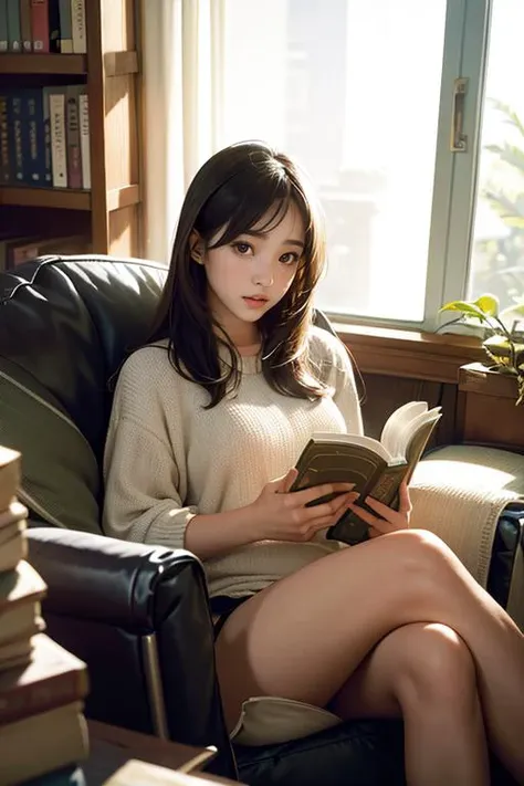 portrait of a girl sitting by a window, ((reading a book)), environment that is highly detailed and realistic.
,(Clutter-home)