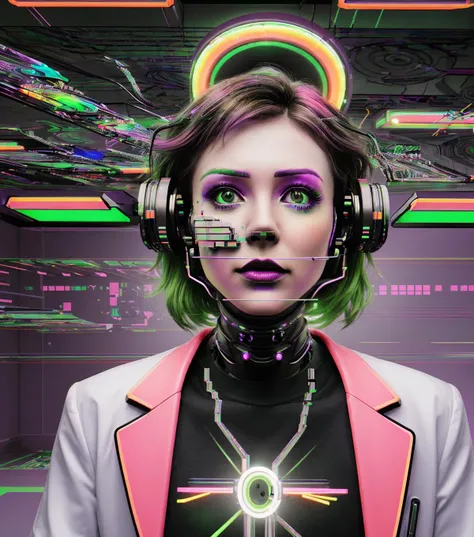 A (pleasant and creative cyborg:1.15) is envisioning the meaning of life in vivid bright colors, glitch, vaporwave, electricity, circuitry, neon, GltchWpad<lora:GltchWpad:1>