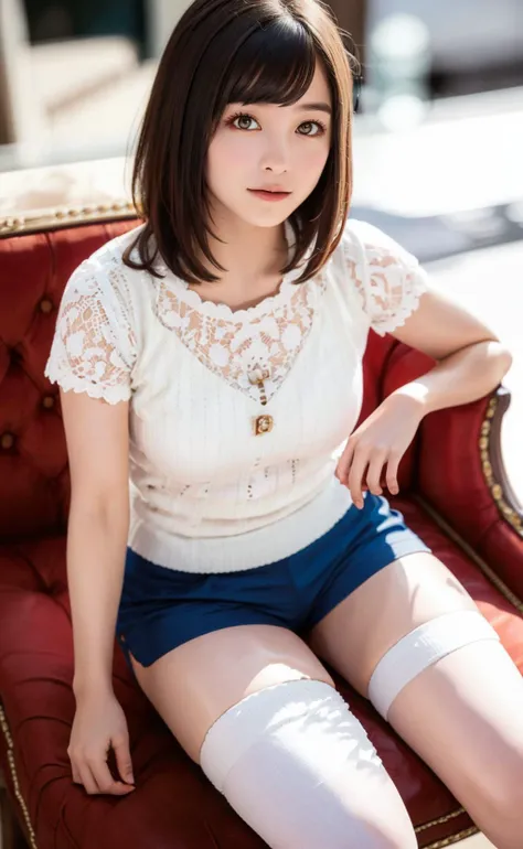 1girl, (looking at viewer), (bokeh:1.1), closed mouth,light smile, realistic, sitting_on_chair, shirt,
legwear under shorts, skyline,
realistic, <lora:HashimotoKanna:0.8>