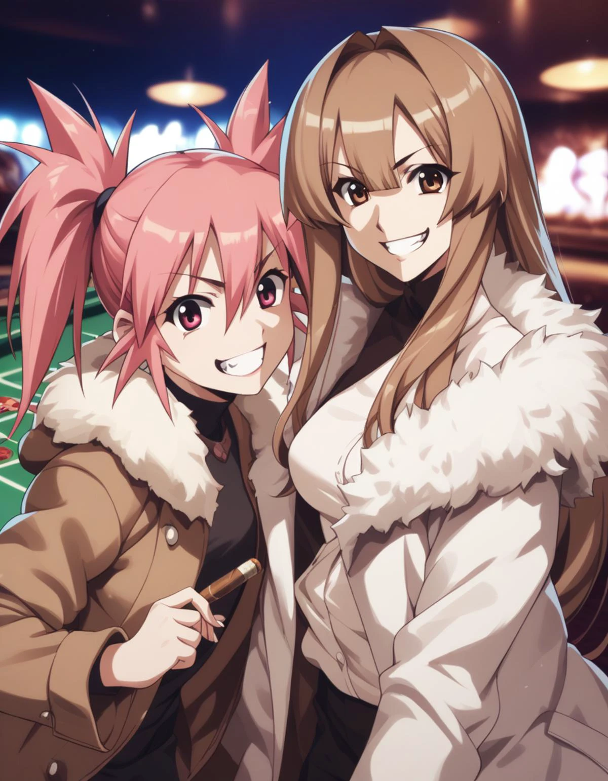 score_9, score_8_up, score_7_up <lora:LunaSan:0.5>
2girls, fur coat, cigar, grin, casino, bokeh
BREAK
luna, pink hair, twintails, pink eyes, small breasts
BREAK
san, long hair, brown hair, brown eyes, medium breasts