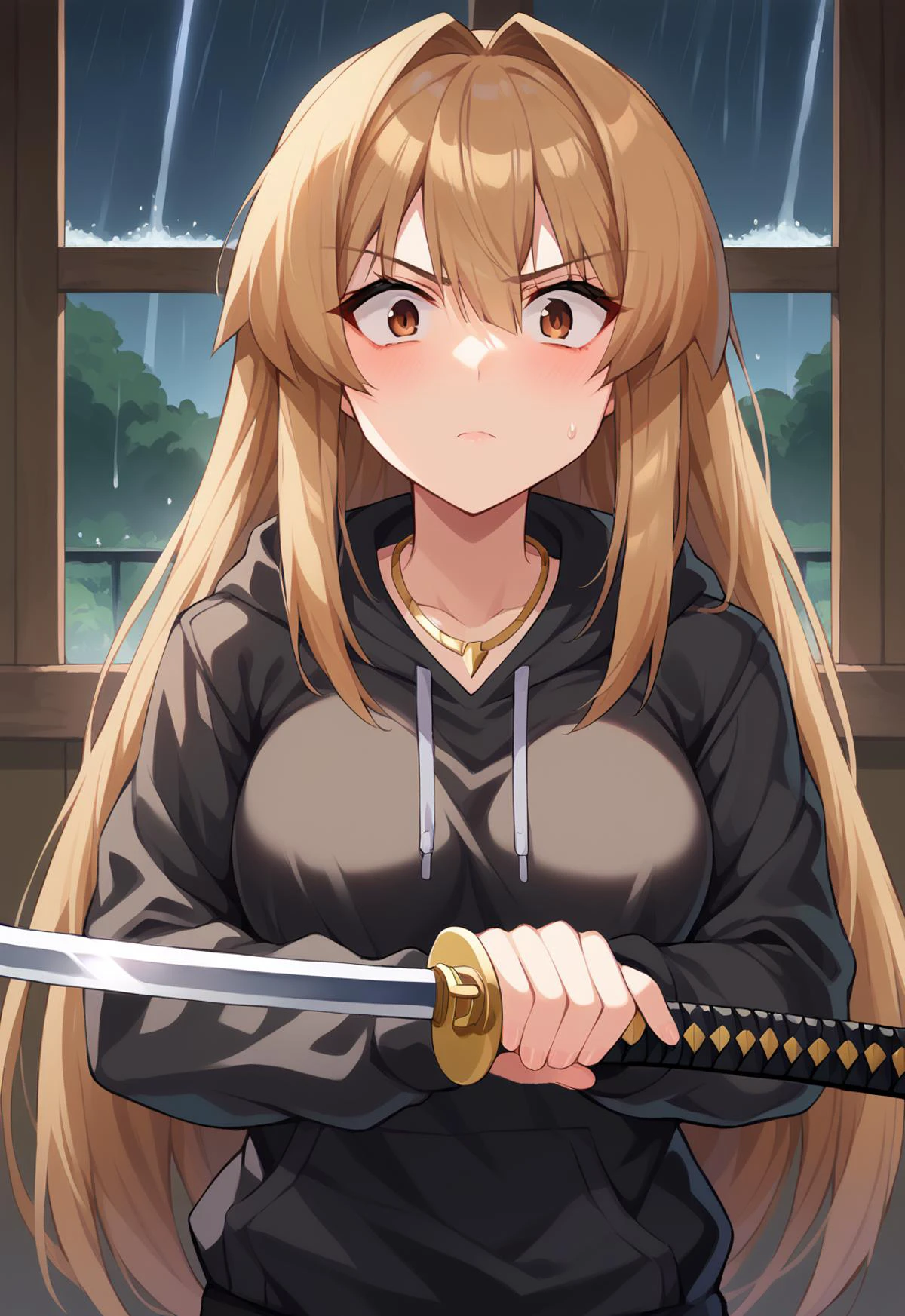 score_9, score_8_up, score_7_up, source_anime, high detail, detailed face,1girl, solo, long hair, brown hair, brown eyes, san, medium breasts,<lora:LunaSan:1>, stylish outfit, black hoodie,sweatpants,wooden clogs,gold necklace,gold ring,
BREAK face-to-face, cafe,No expression,raindrops on window, rainy night, volumetric lighting,lightning strike, looking at viewer,depth of field,
BREAK (katana:1.2), weapon,(holding weapon),both-hand-hilt, planted sword, hands on hilt, holding sword, <lora:Both hand planted sword (pony) v1:1>(constricted pupils,shaded_face:1.2),close up,face focus