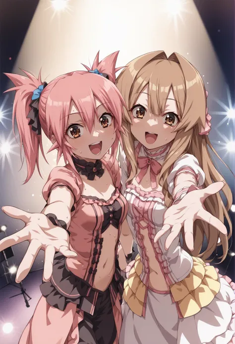 2girls, luna, pink hair, twintails, pink eyes, long hair, brown hair, brown eyes, san, singing, stage, stage lights, glowstick, sweat, looking at viewer, medium breasts, small breasts, height difference, smile, open mouth, reaching towards viewer, idol, navel  <lora:LunaSan:1>, score_9, score_8_up, score_7_up, score_6_up, score_5_up, score_4_up, BREAK source_anime, masterpiece