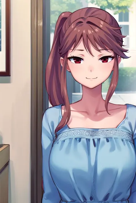 osananajimimei, <lyco:osananajimimei-lyco-nochekaiser:1>,
osananajimi mei, long hair, brown hair, ponytail, sidelocks, (red eyes:1.5), <lora:sensualface_type4:0.8>, smile,
BREAK dress, collarbone, blue dress,
BREAK indoors,
BREAK looking at viewer, (cowboy shot:1.5),
BREAK <lyco:GoodHands-beta2:1>, (masterpiece:1.2), best quality, high resolution, unity 8k wallpaper, (illustration:0.8), (beautiful detailed eyes:1.6), extremely detailed face, perfect lighting, extremely detailed CG, (perfect hands, perfect anatomy),