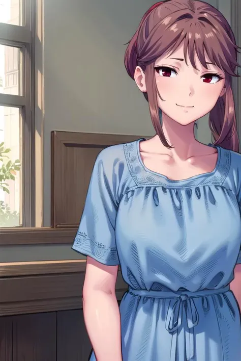 osananajimimei, <lyco:osananajimimei-lyco-nochekaiser:1>,
osananajimi mei, long hair, brown hair, ponytail, sidelocks, (red eyes:1.5), <lora:sensualface_type4:0.8>, smile,
BREAK dress, collarbone, blue dress,
BREAK indoors,
BREAK looking at viewer, (cowboy shot:1.5),
BREAK <lyco:GoodHands-beta2:1>, (masterpiece:1.2), best quality, high resolution, unity 8k wallpaper, (illustration:0.8), (beautiful detailed eyes:1.6), extremely detailed face, perfect lighting, extremely detailed CG, (perfect hands, perfect anatomy),