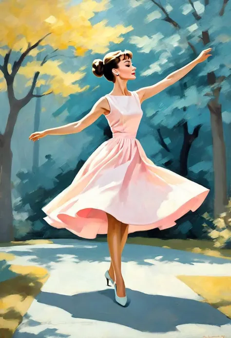 audrey hepburn in a summer dress dancing in the foreground of a Silke Leffler-inspired descriptive scene of music transforming a concrete world in pale pink pale blue and yellow, 4d trees and unseen colors .delicate  exploring bright and shadow nuances, illustrative techniques, like precise shadow delineation, soft cinematic lighting casting an inviting and moist atmosphere, acrimonious, group of seven, postmodernism, brutalist,