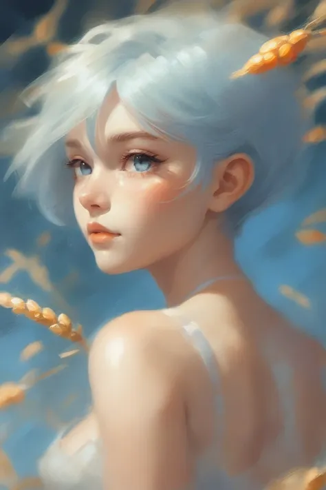 digital painting, 1girl, woman, wheat skin, Kumquat fairy princess, see-through gossamer, bombshell hair, shiny light color:lightblue hair, pixie cut, thicc hourglass figure, medium breasts, caucasian, Firefly Grove<lora:EnvyStarlightVibrantImpressionism01b:1>