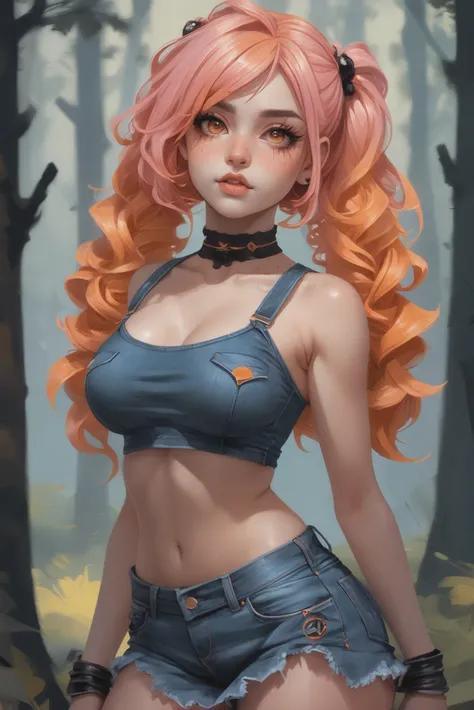 digital painting, 1girl, woman, goth girl, cute, cameltoe, [:skimpy, intricate costume design,:0.2], punk hair, peach hair with orange highlights, Cascading Curls, denim skirt, bombshell hair, pink hair, side ponytail, soft body, wide hips, narrow waist, medium breasts, (dark skin:1.3), Boreal Forest (Taiga)<lora:EnvyStarlightVibrantImpressionism01a:1>